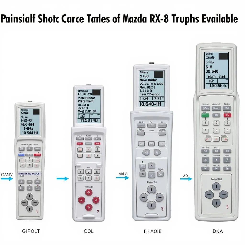 Various Mazda RX-8 scan tools displayed on a workbench