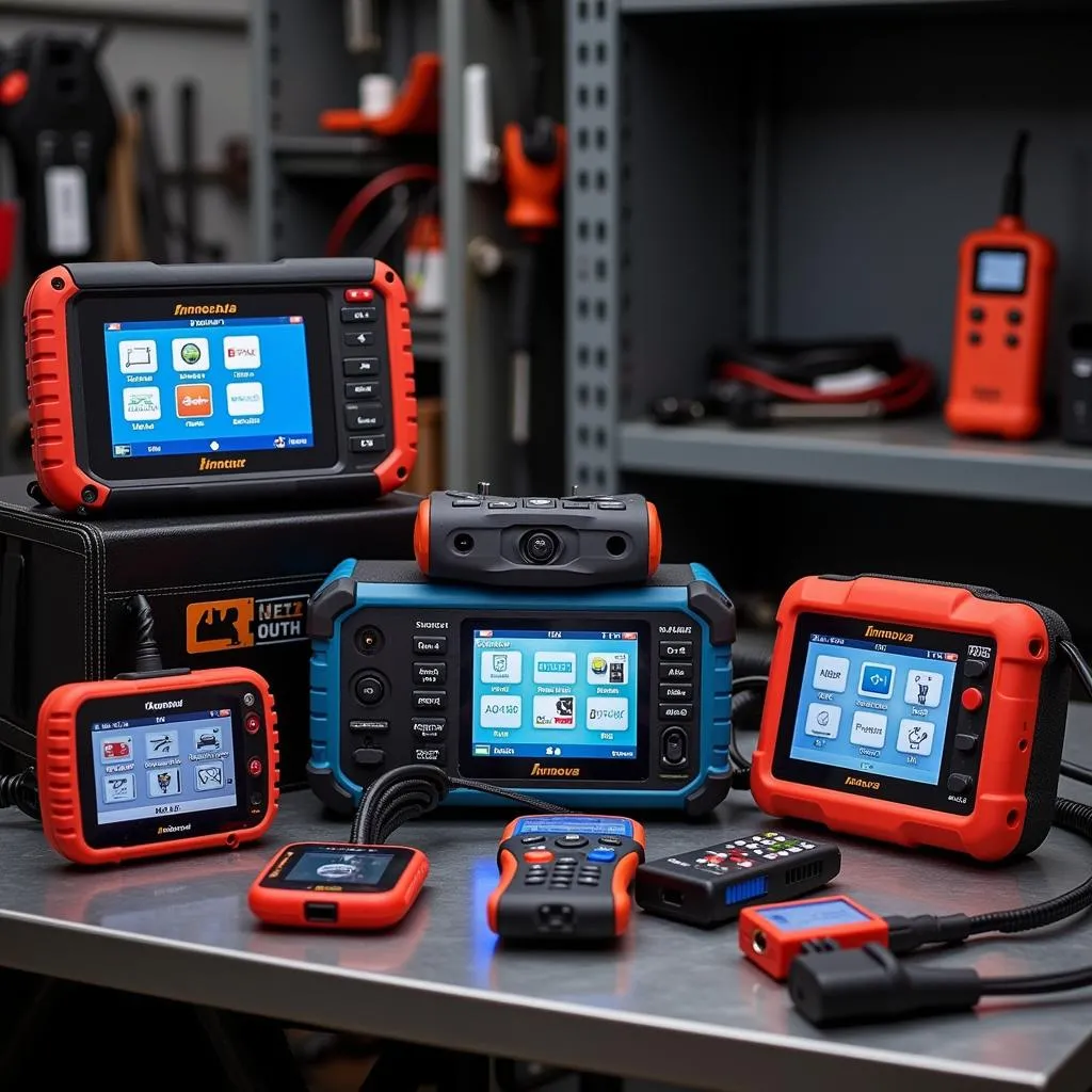 Various professional scan tools displayed on a workbench