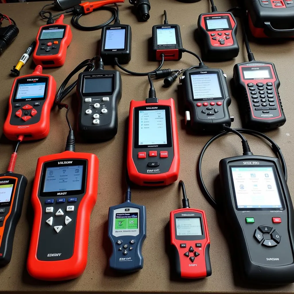 Various scan tools displayed on a workbench