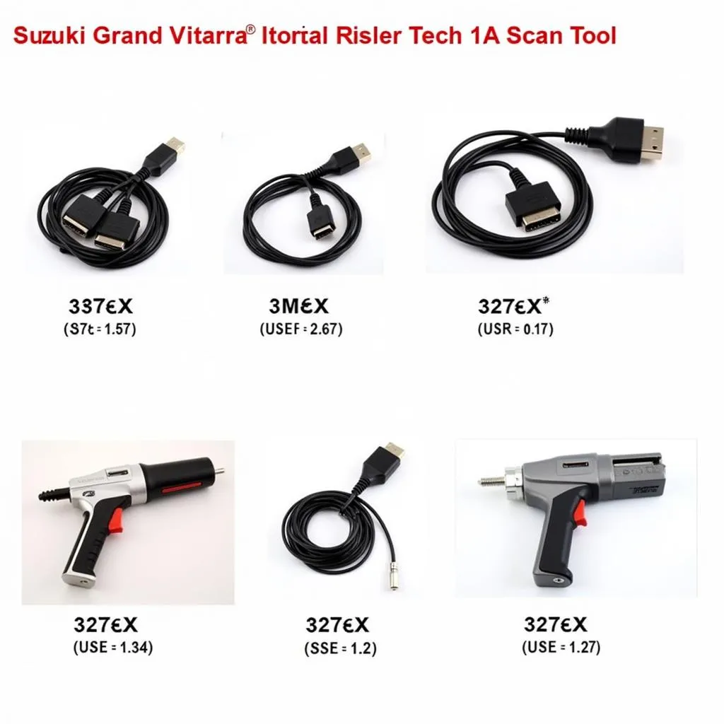 Various models of Suzuki Grand Vitara Tech 1A scan tools displayed on a workbench