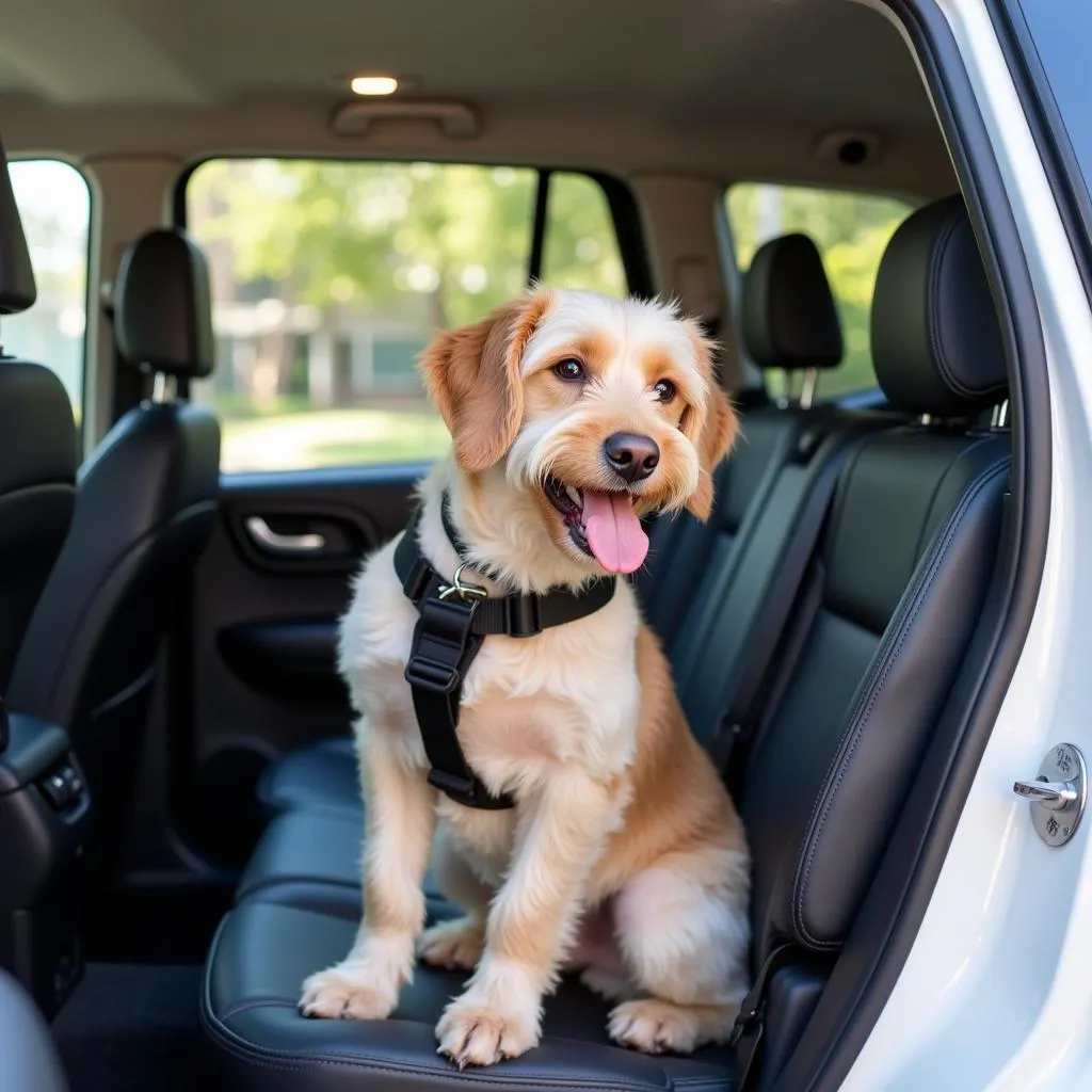 Dog Wearing Car Harness Inside Vehicle