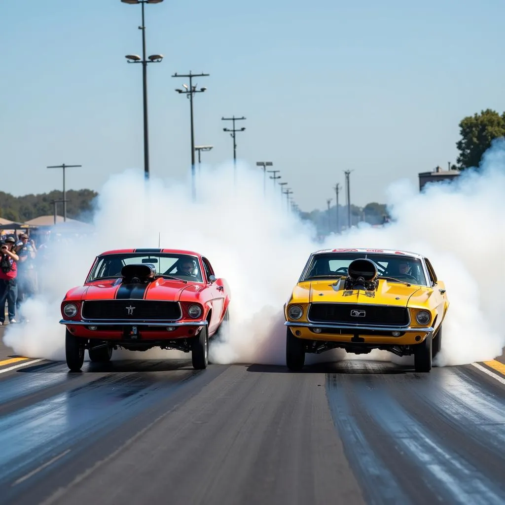 Drag race cars launching from the starting line