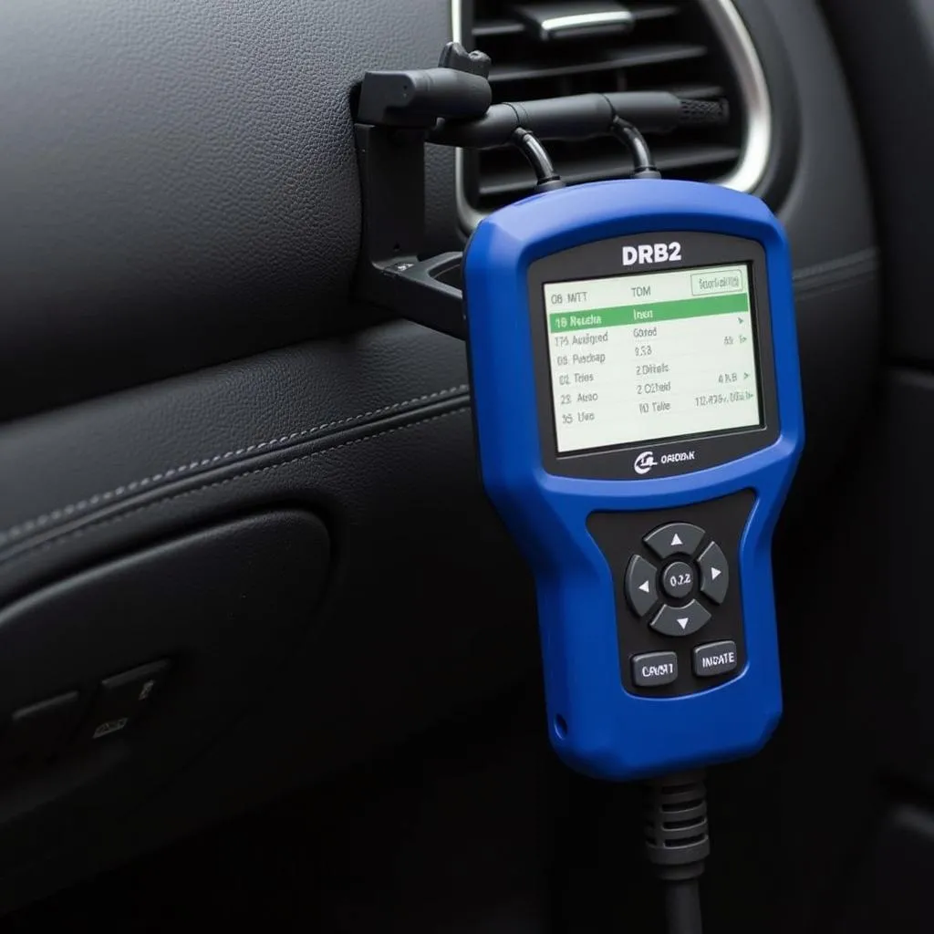 DRB2 scan tool plugged into car's OBD port