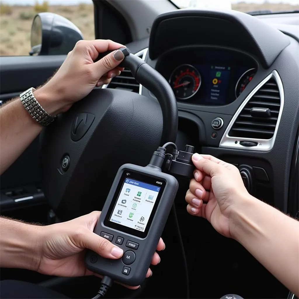 DS708 scanner connected to a car's OBD2 port