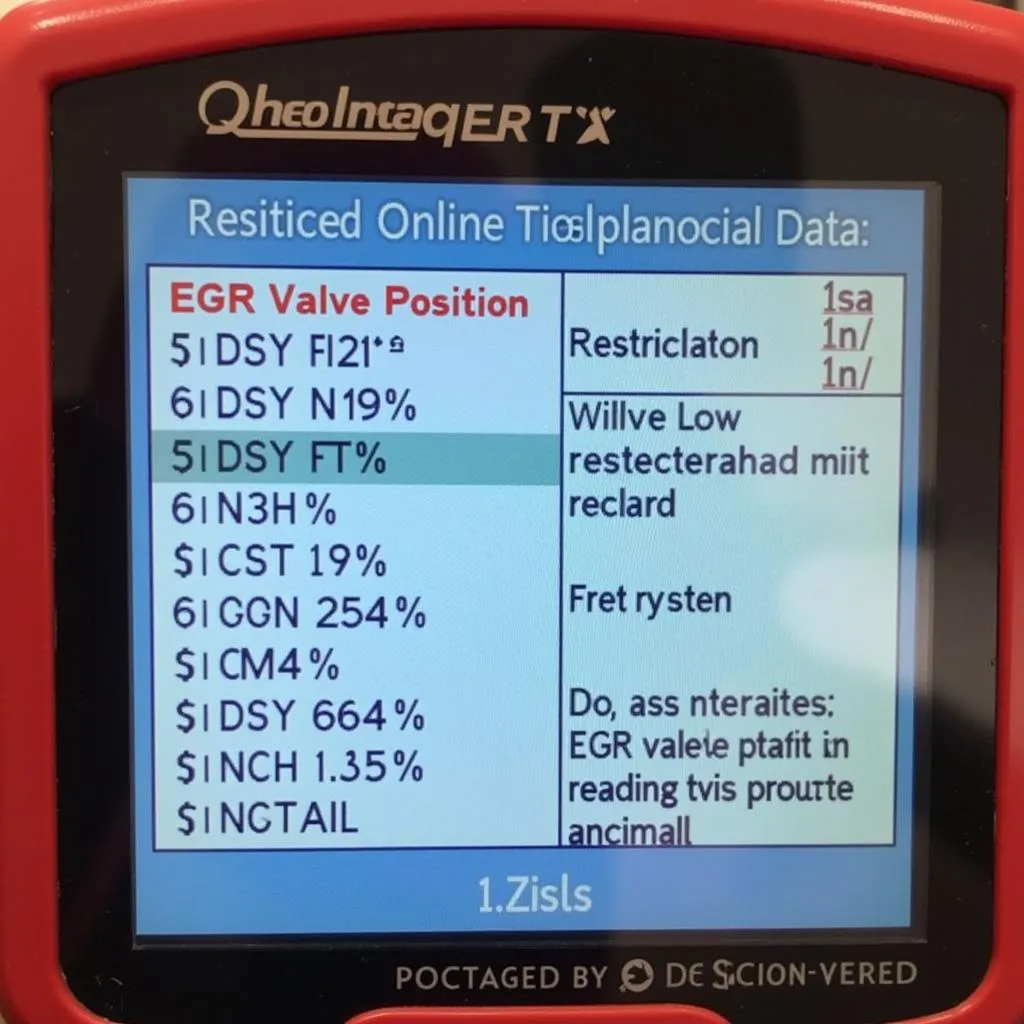 Close-up of a scan tool screen displaying EGR valve data