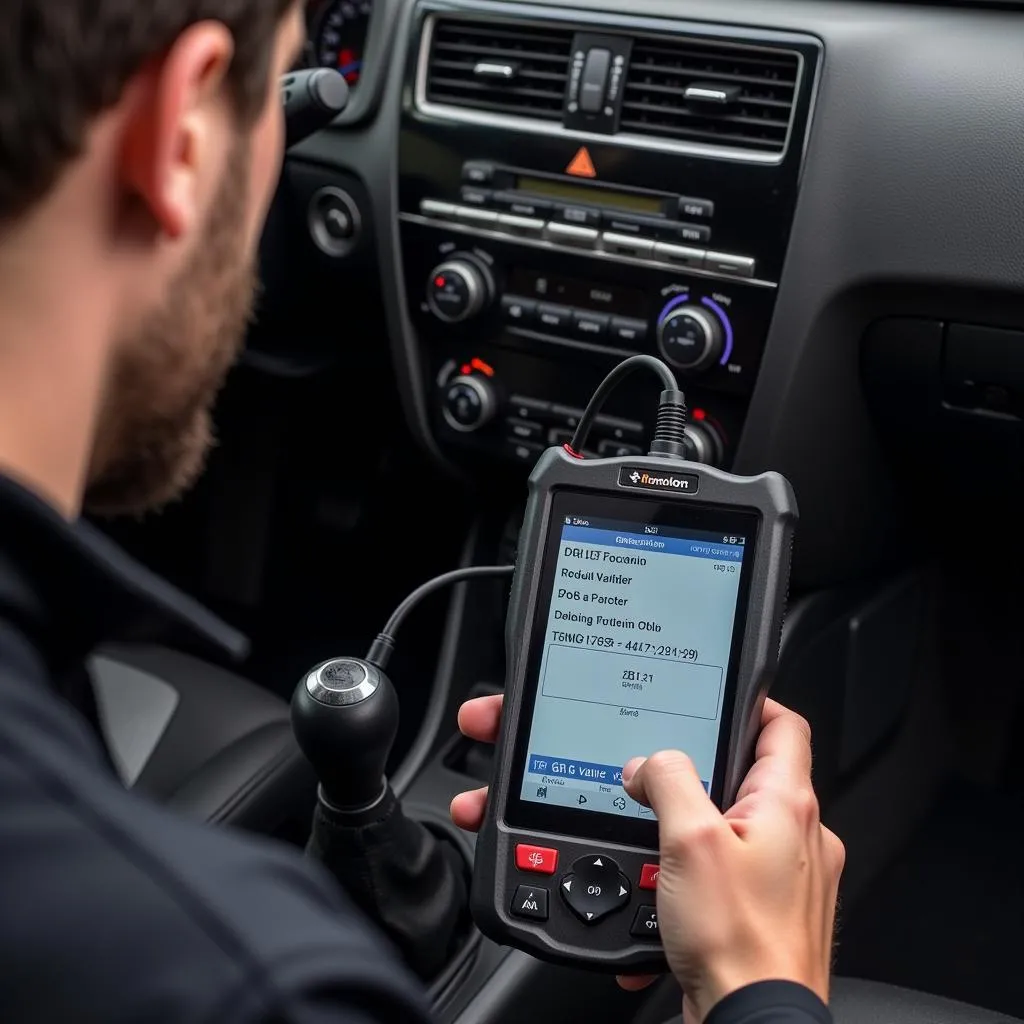 Mechanic using a scan tool to diagnose an EGR valve restriction