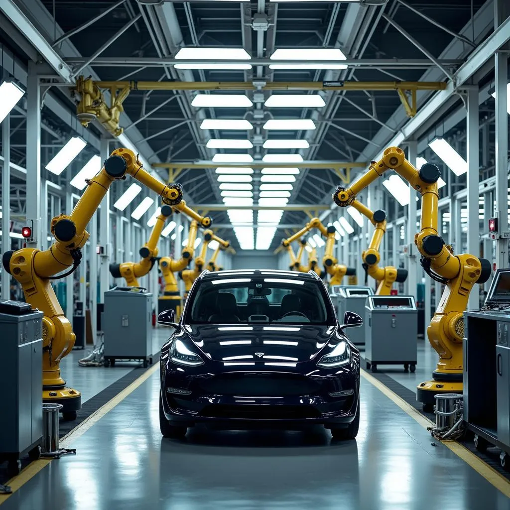 Inside an electric car manufacturing plant with robotic arms assembling vehicles