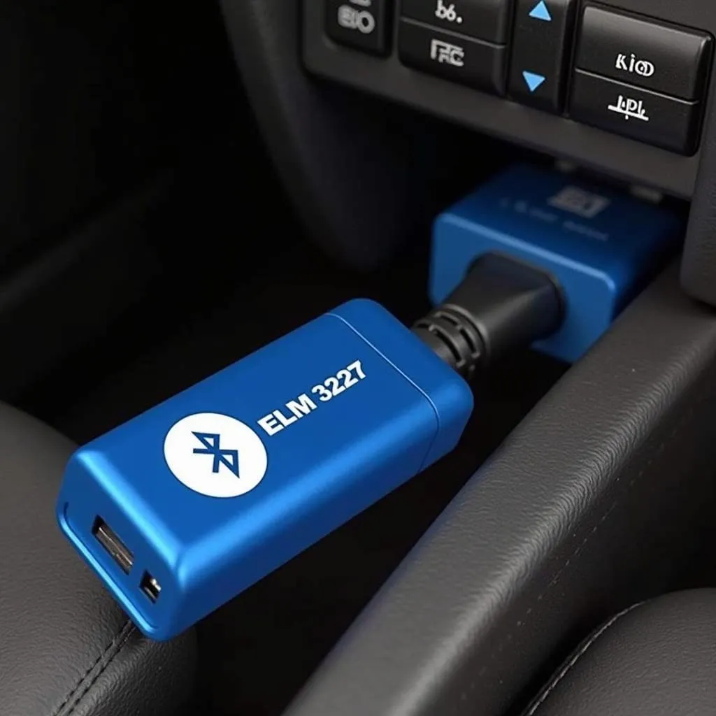 ELM327 Bluetooth Adapter connected to a car's OBD port