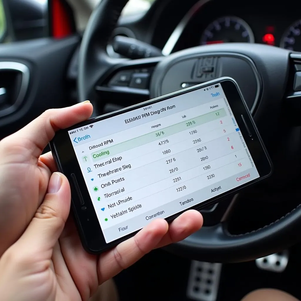 Smartphone displaying a car diagnostic app connected to an ELM327 OBDII adapter