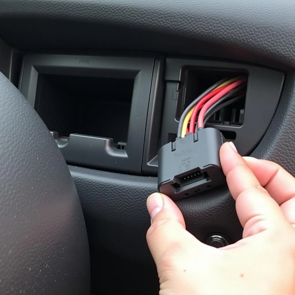 ELM327 OBDII Connector plugged into a car's OBD port