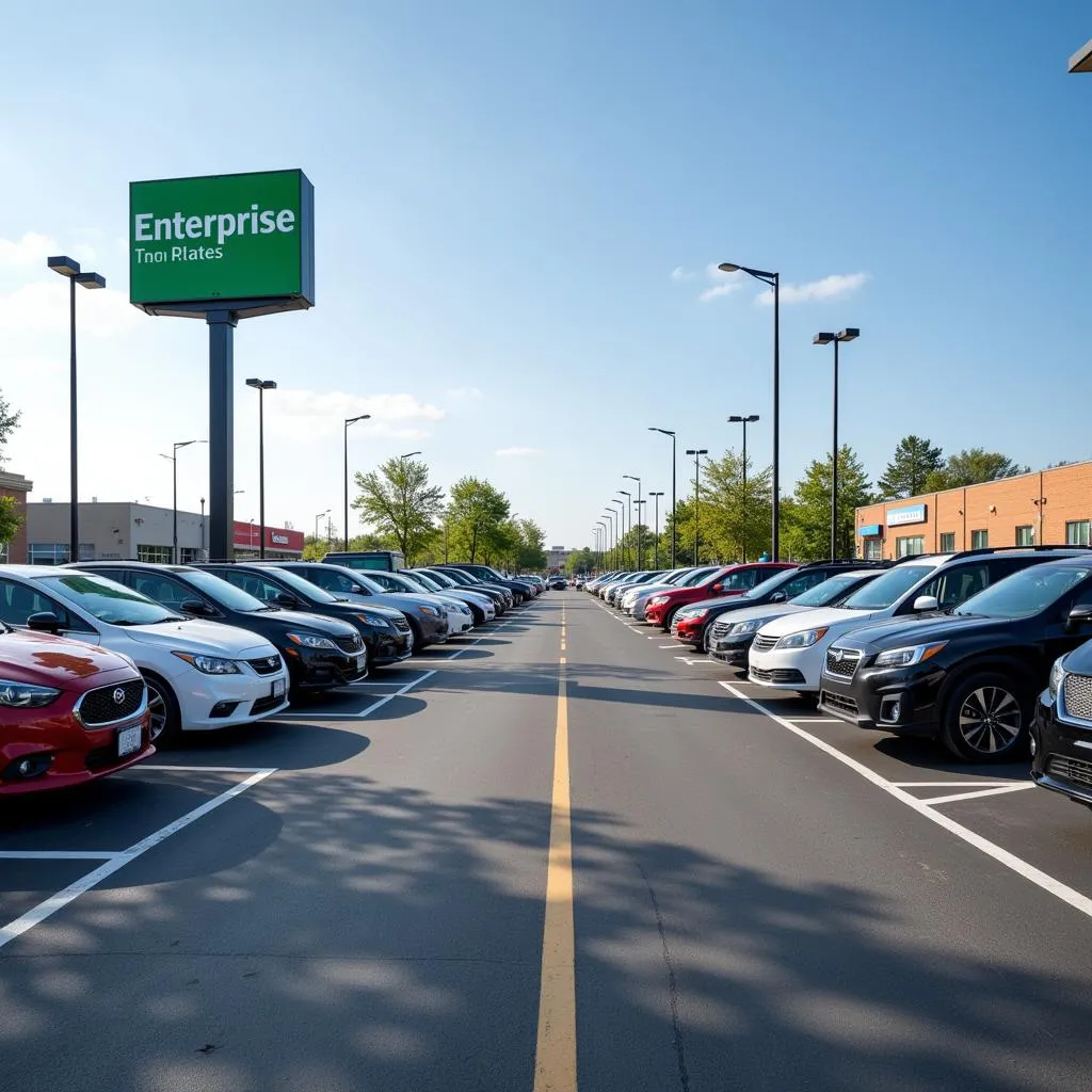 An Enterprise Rent-A-Car lot with a variety of vehicles available for rent