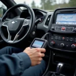 Technician using a dealer-level scanner on an Enterprise vehicle