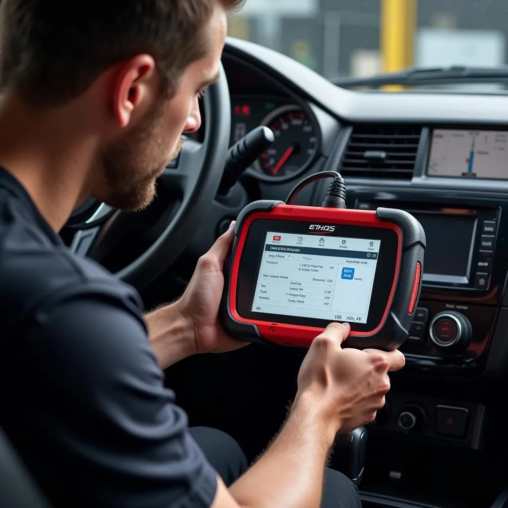 Ethos Edge scan tool being used by a mechanic to diagnose a car problem