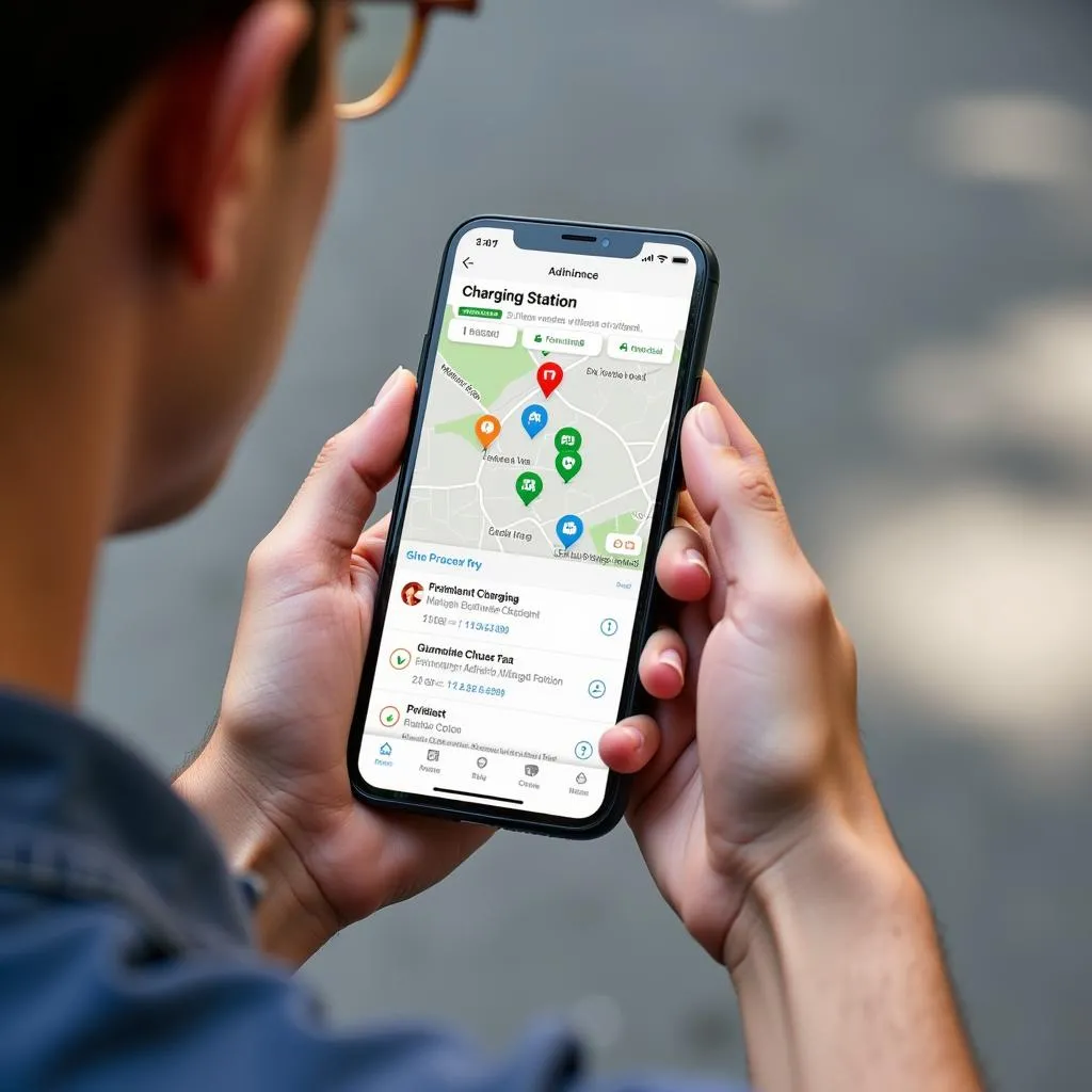 EV owner using charging station map on smartphone