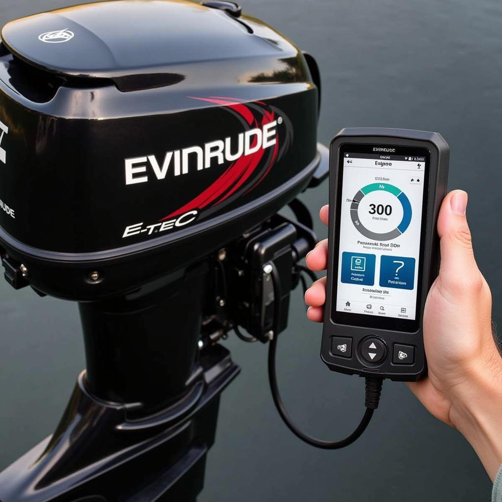 Evinrude E-TEC scan tool connected to the engine's diagnostic port