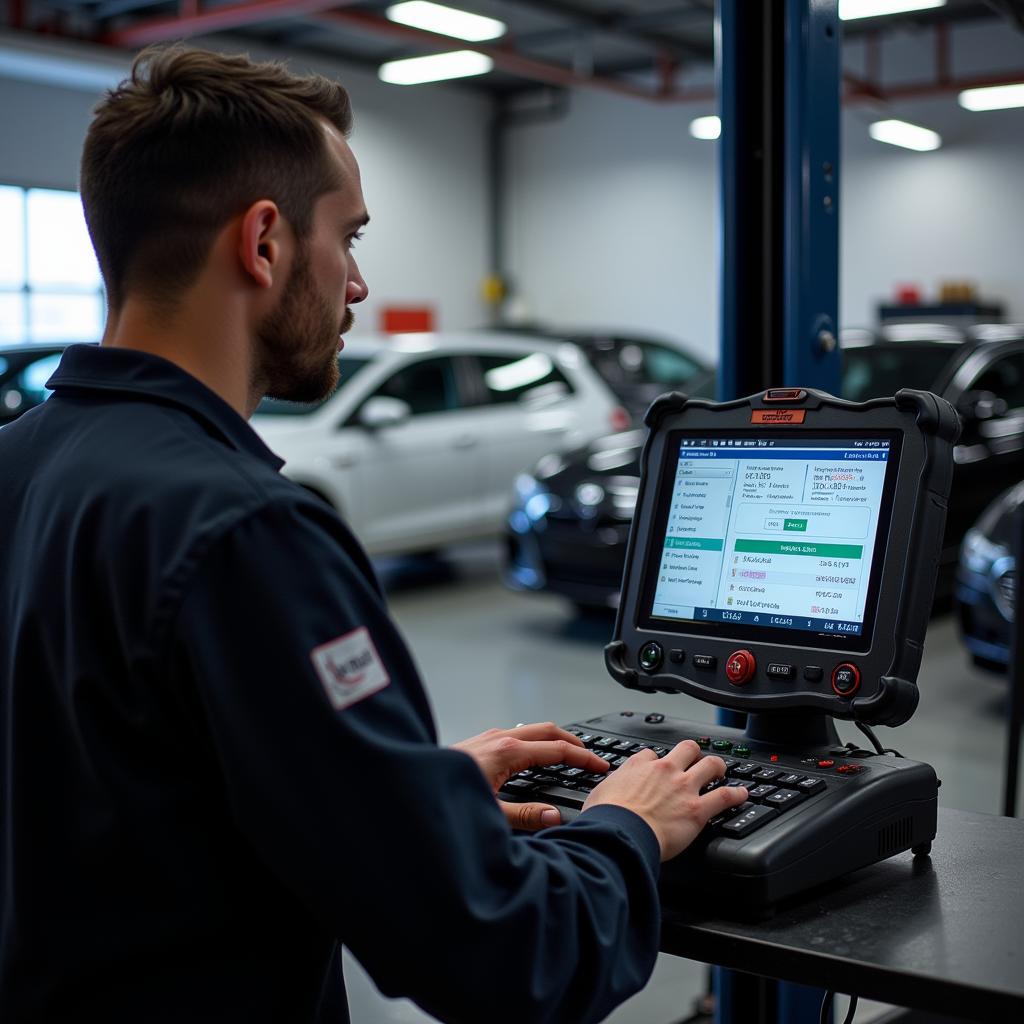 Mechanic using dealer scanner for car diagnosis