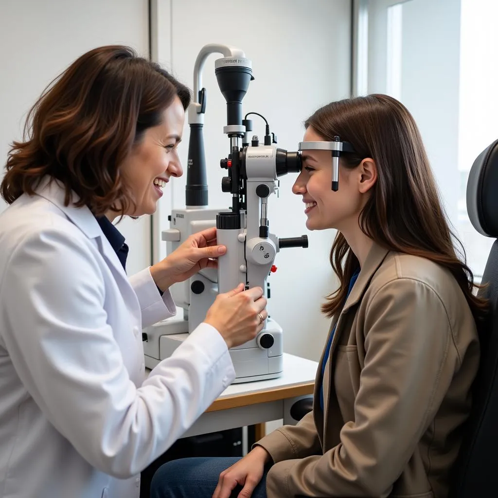 An ophthalmologist performing a comprehensive eye exam on a patient