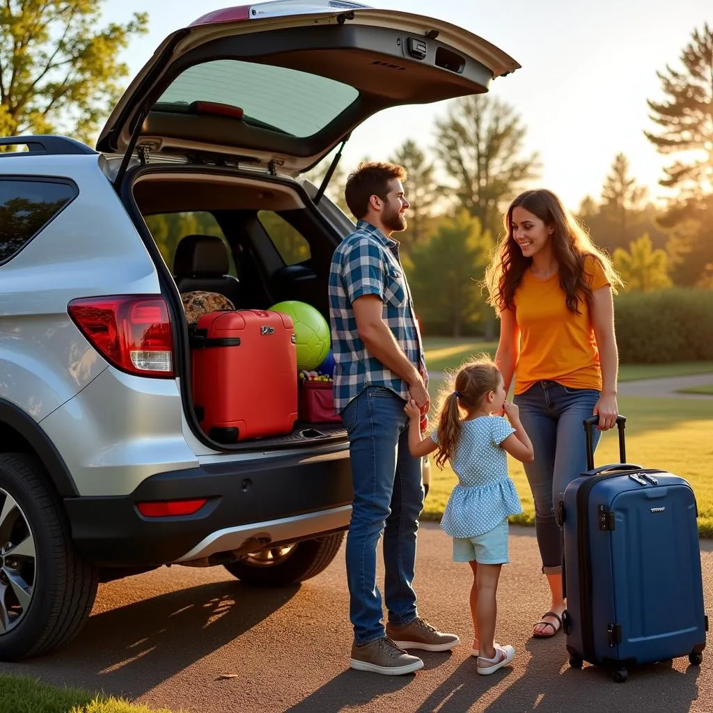 Family Packing Luggage into SUV Trunk