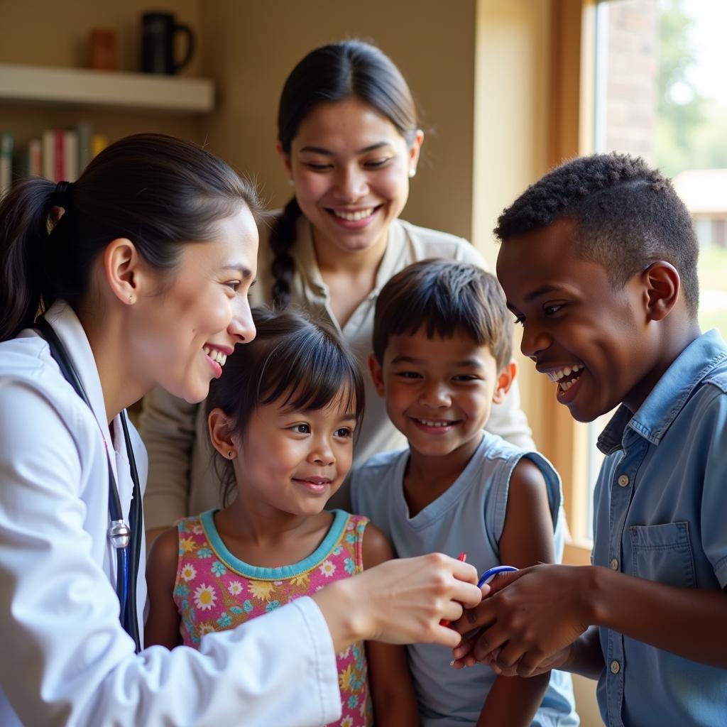 A family receives medical attention at a free clinic