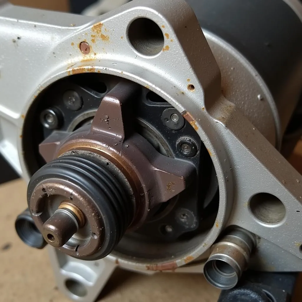 Car starter motor with visible damage