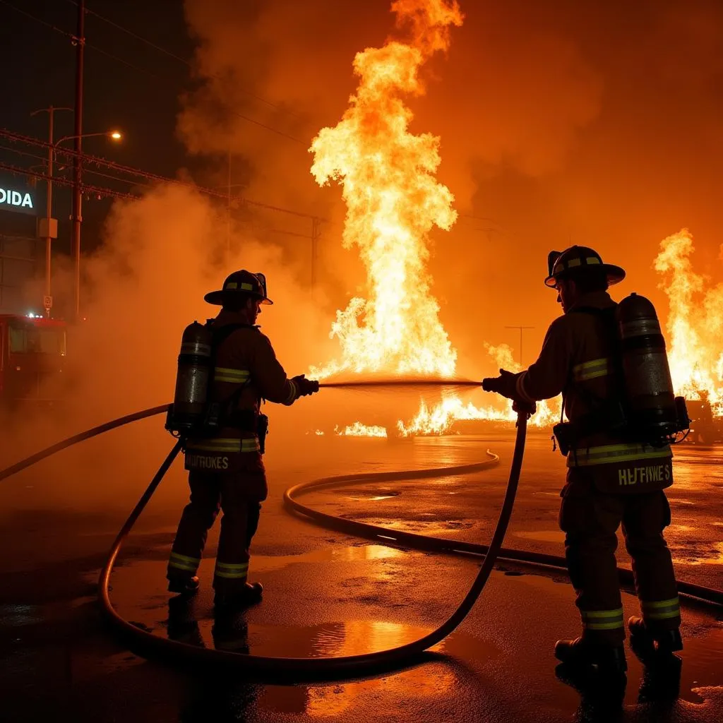 Firefighters tackling the blaze at Luton Airport car park.