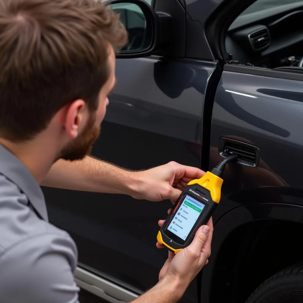 Technician using an OB2 scanner on a car