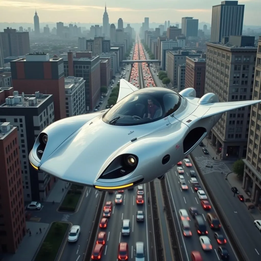 Flying Car Prototype Navigating a City