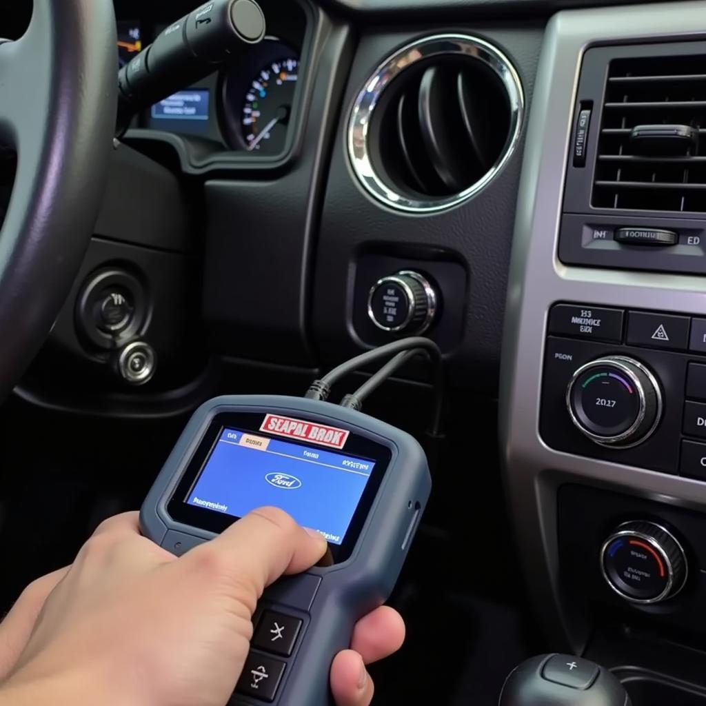 Ford 6.0 scan tool plugged into a truck's OBD-II port