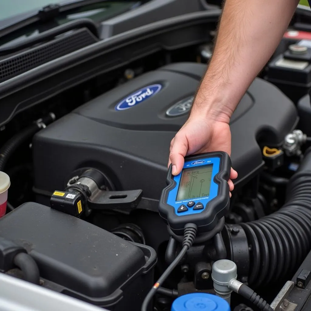 Mechanic Diagnosing a Ford with an OBD1 Scanner