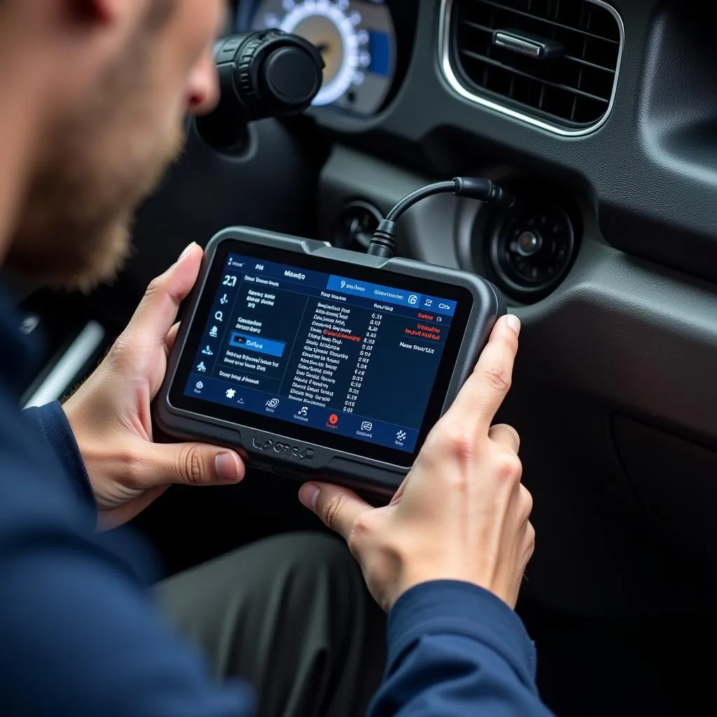 Mechanic using a Ford program scan tool