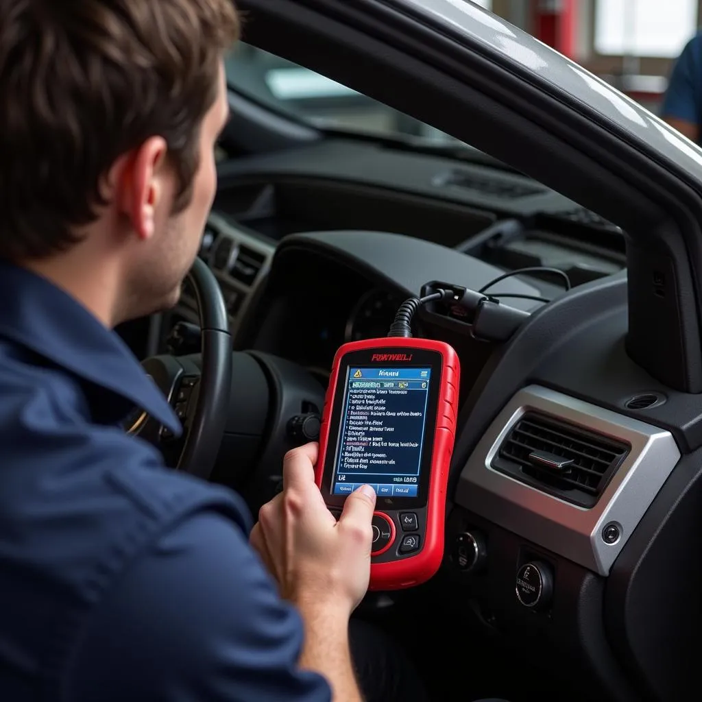 Foxwell scanner diagnosing a car engine