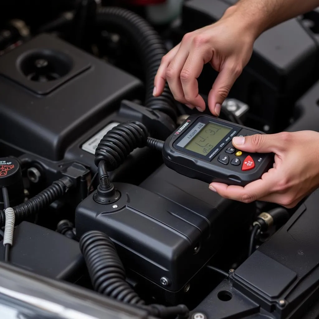 Mechanic using a code reader on a car