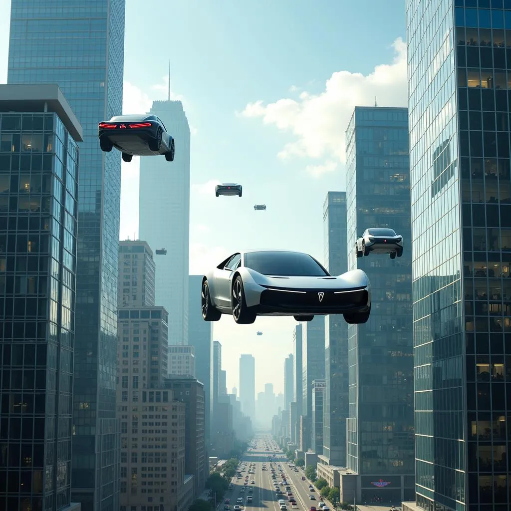 A futuristic city with flying electric cars and advanced transportation systems