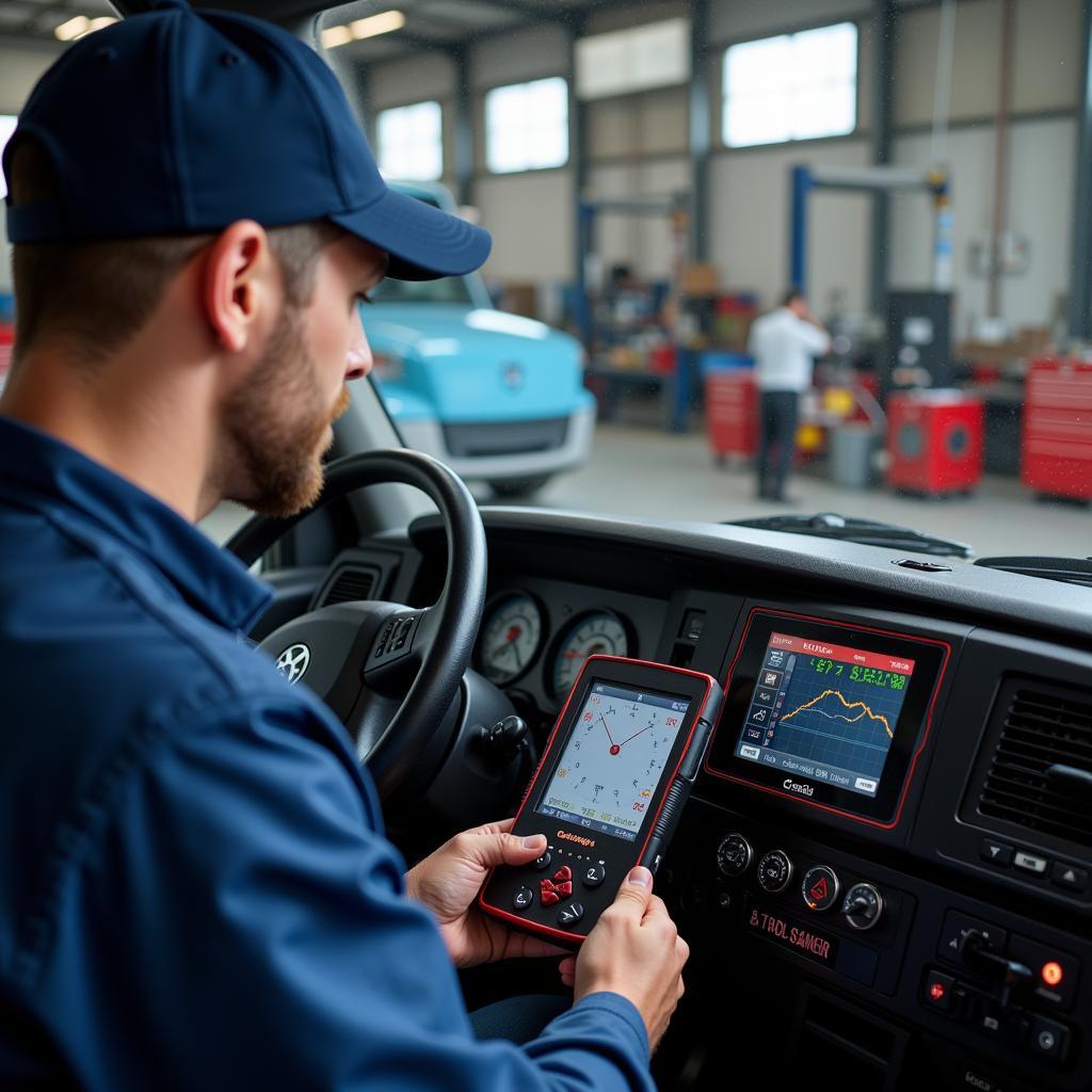 Genisys OBD heavy duty scan tool with a truck mechanic using it to diagnose problems