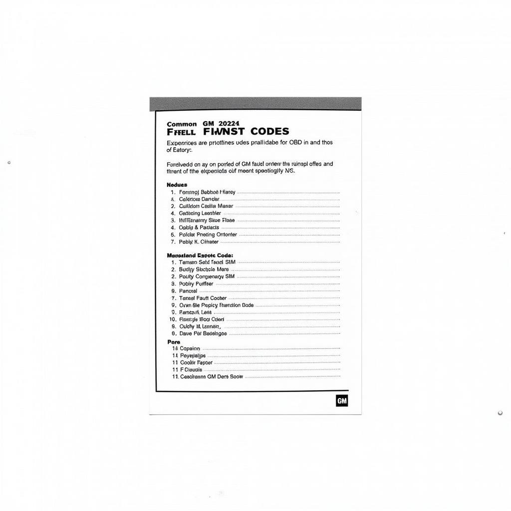 A printed guide displaying various GM OBD1 fault codes and their corresponding descriptions