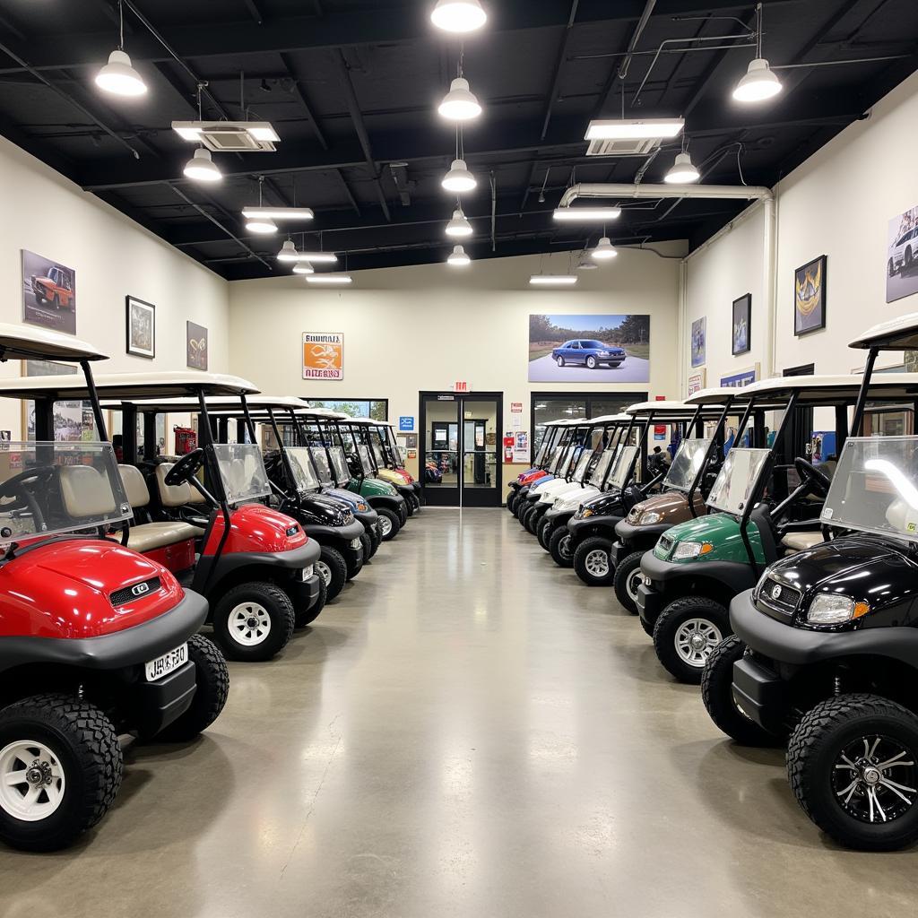 Golf cart dealership showroom with various models on display