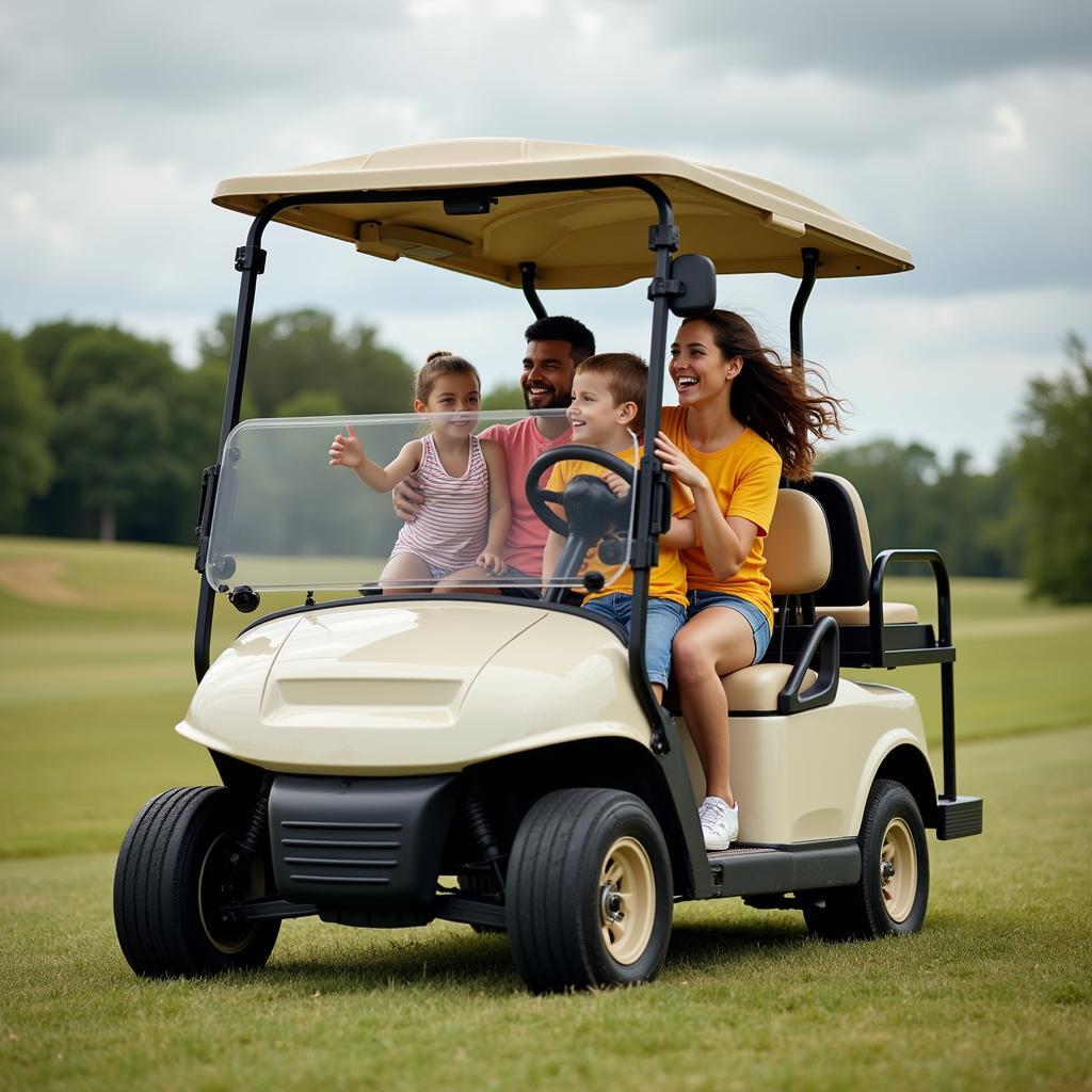 Family enjoying a golf cart ride