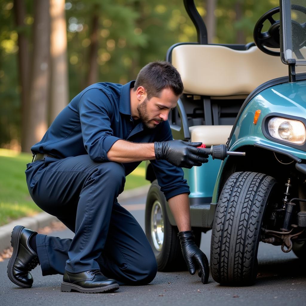 Golf cart maintenance service at a dealership