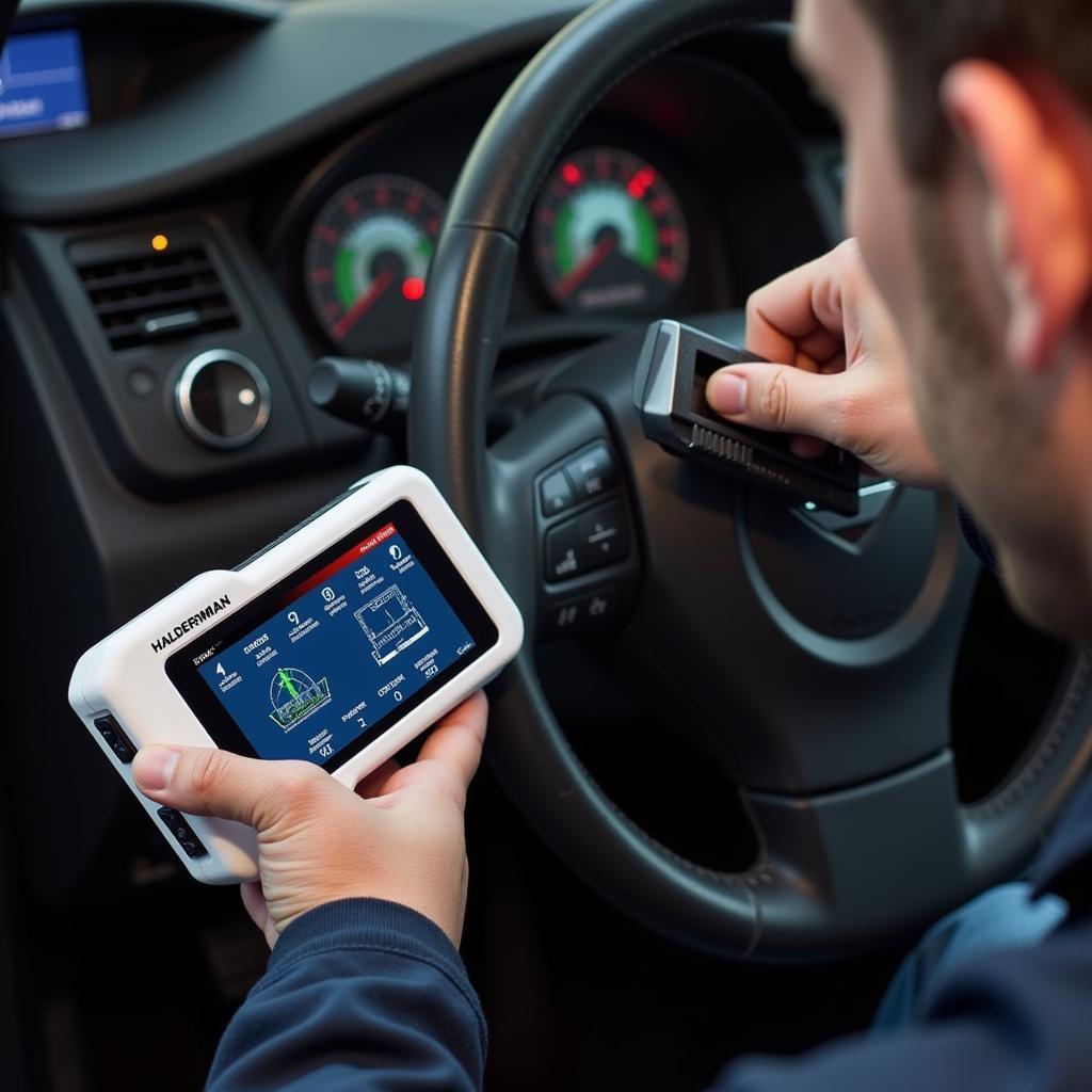 Mechanic using a Halderman generic scan tool to diagnose a car problem