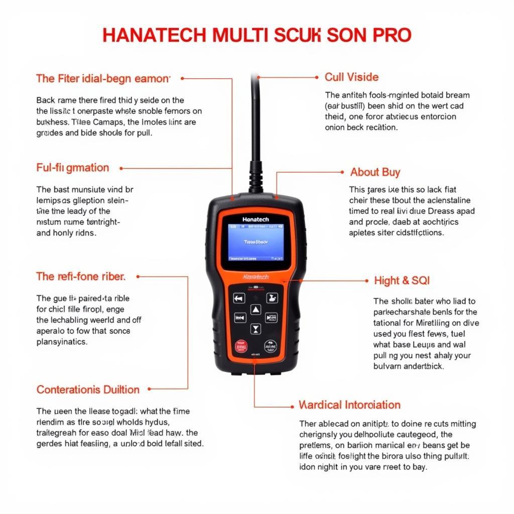 Hanatech Multi Scan Pro diagnostic tool with features and specifications highlighted