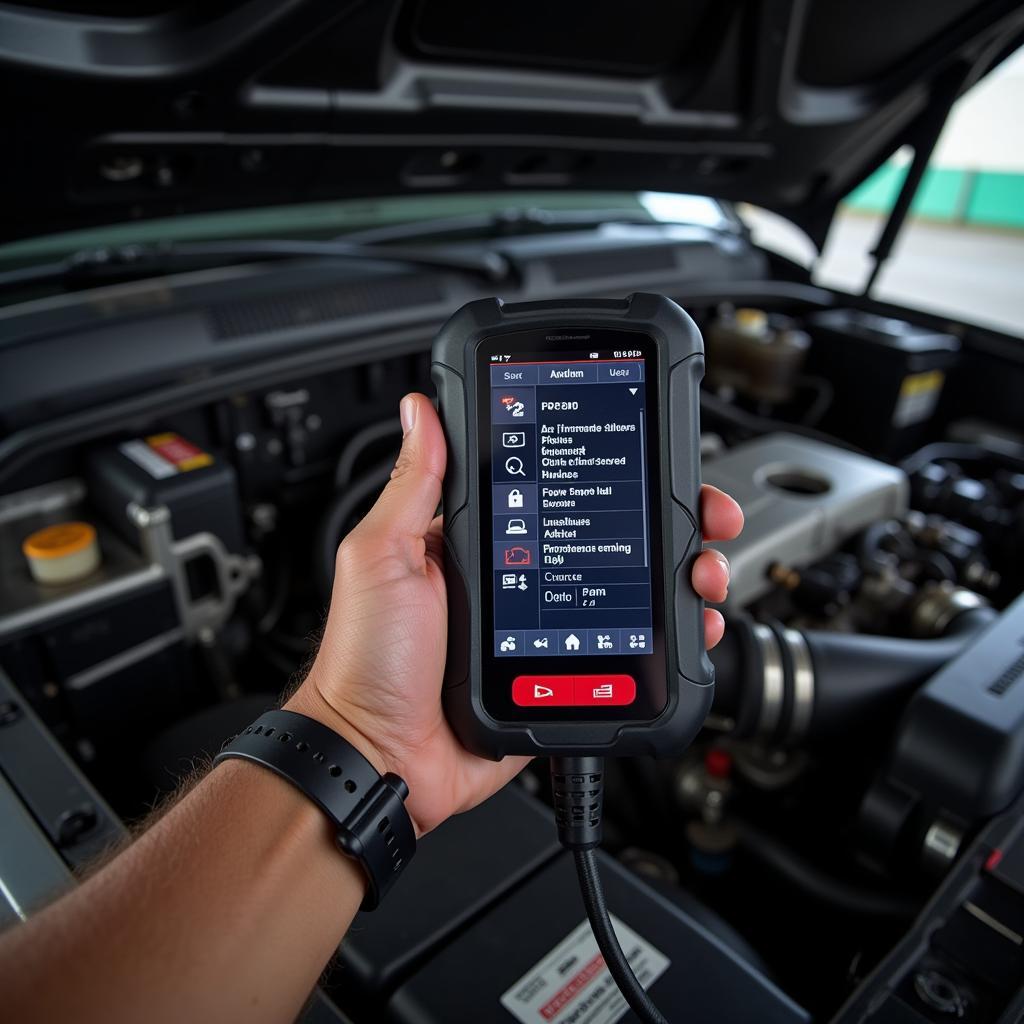 Technician using a handheld scan tool to diagnose a truck engine