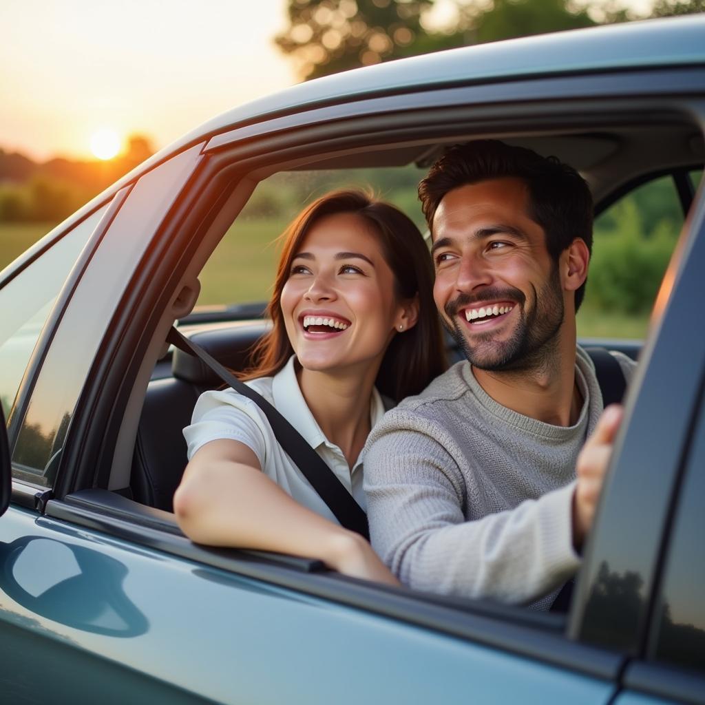 Happy Couple Driving a New Car