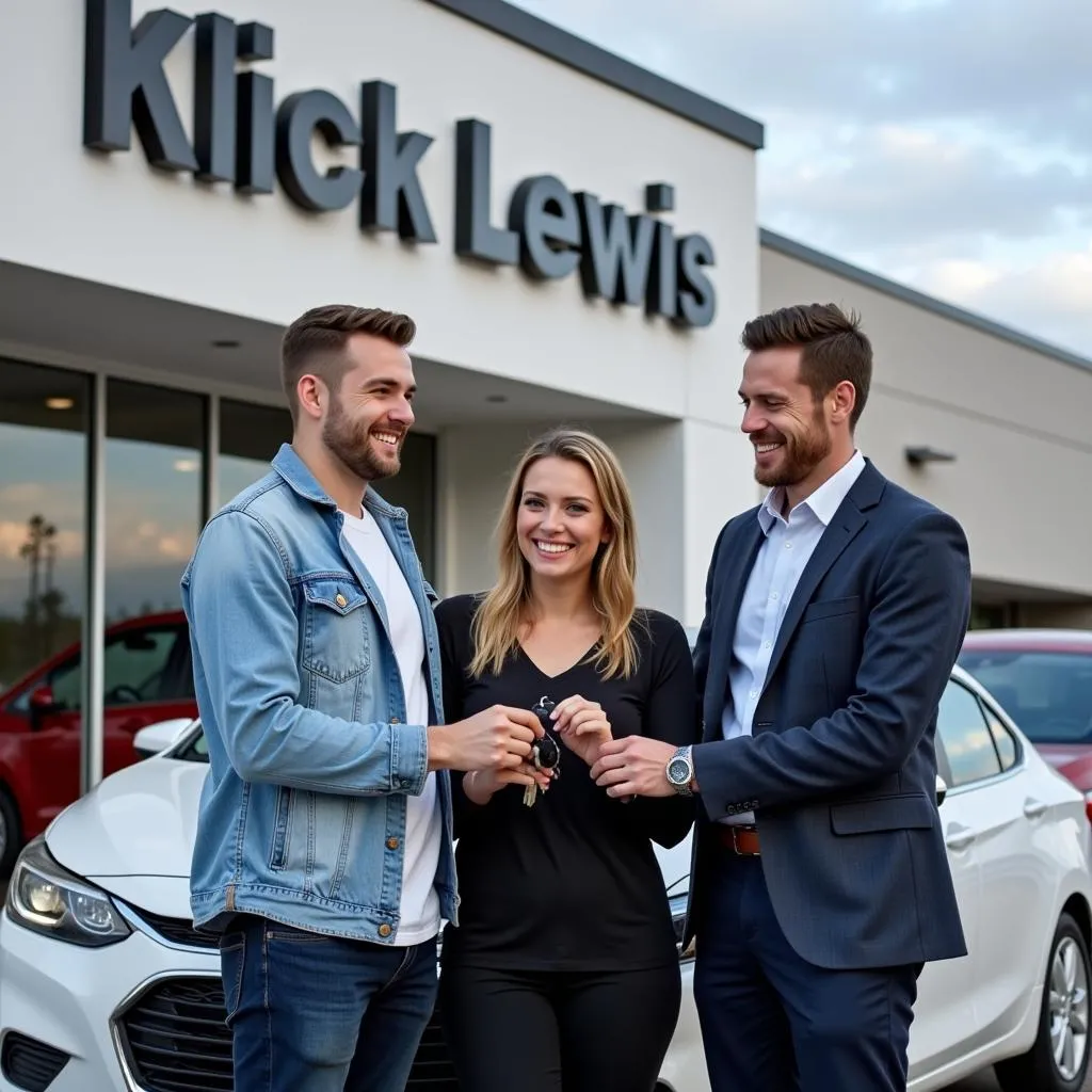 Happy couple receiving their new car keys from a car salesman