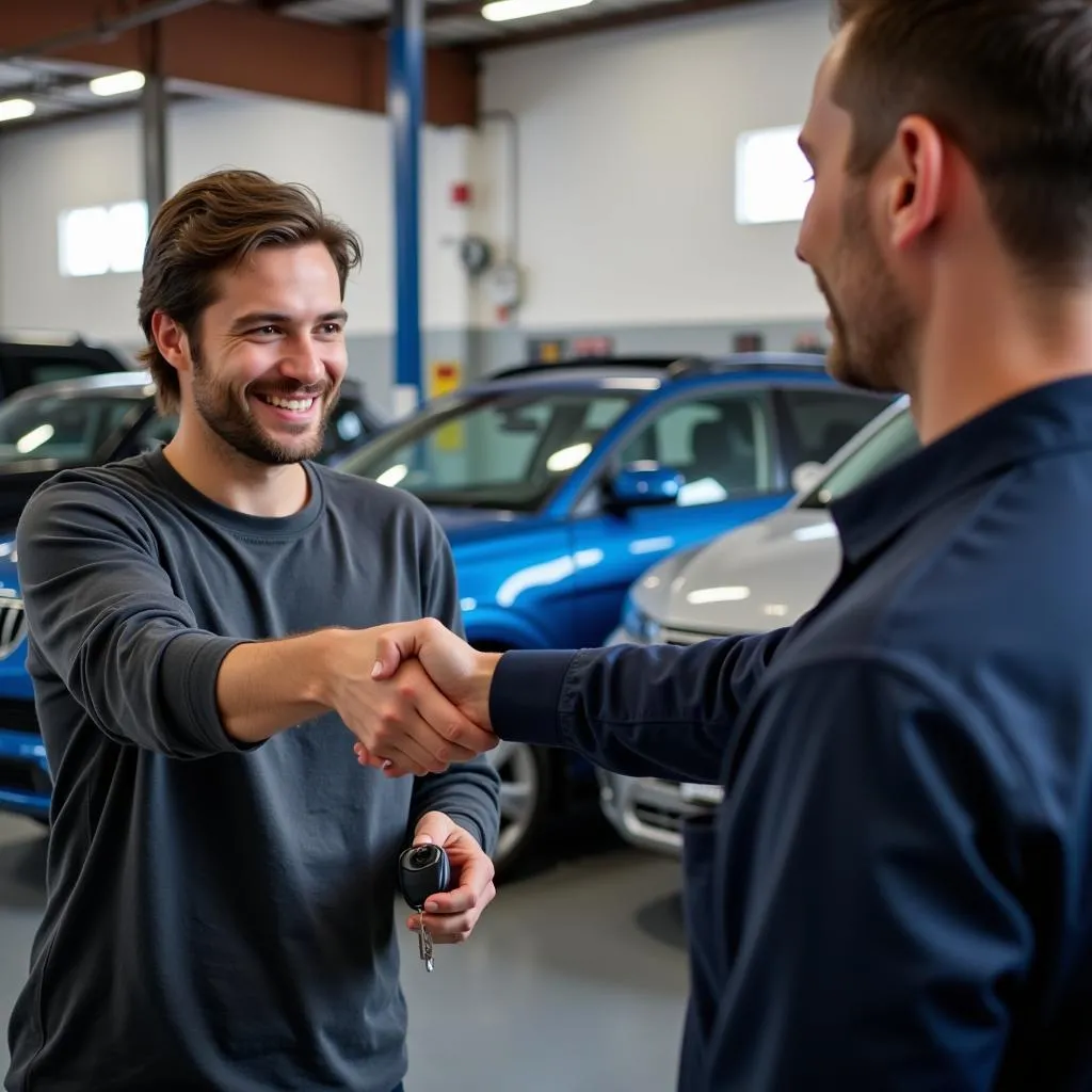 Happy customer receives car keys from mechanic after a successful repair