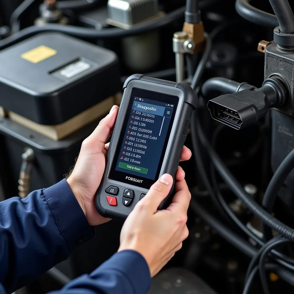 Mechanic using a truck scan tool for diagnostics