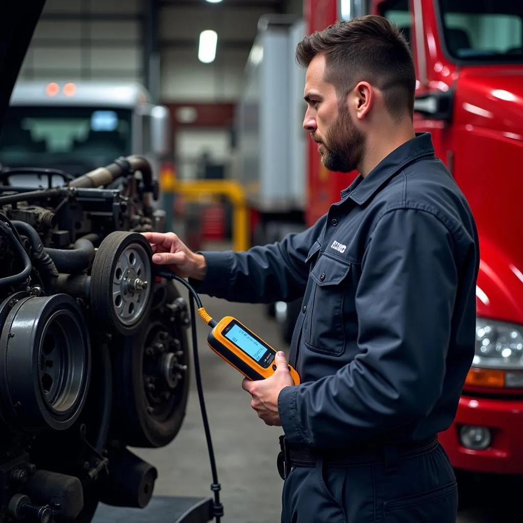 Mechanic using a heavy duty truck scan tool for diagnostics