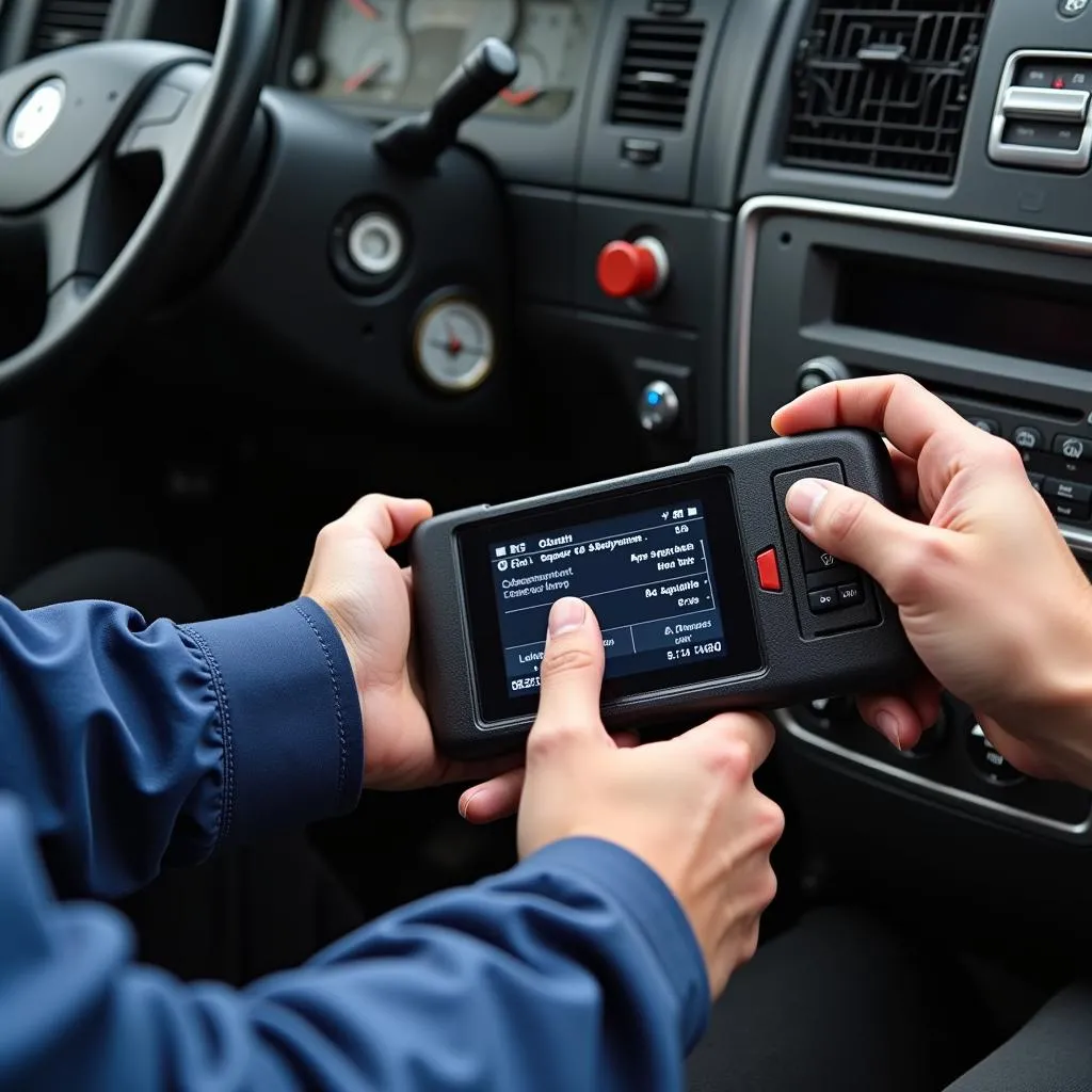 Mechanic using a heavy duty truck scanner