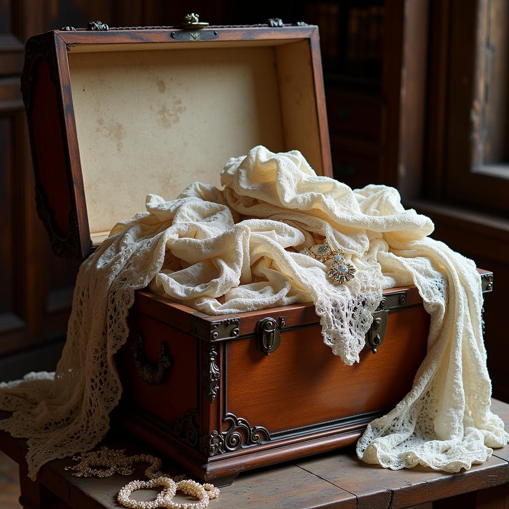 A chest filled with fabrics and jewelry representing a historical French wedding dowry