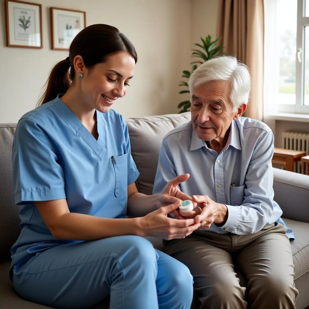 Home care nurse assisting elderly patient