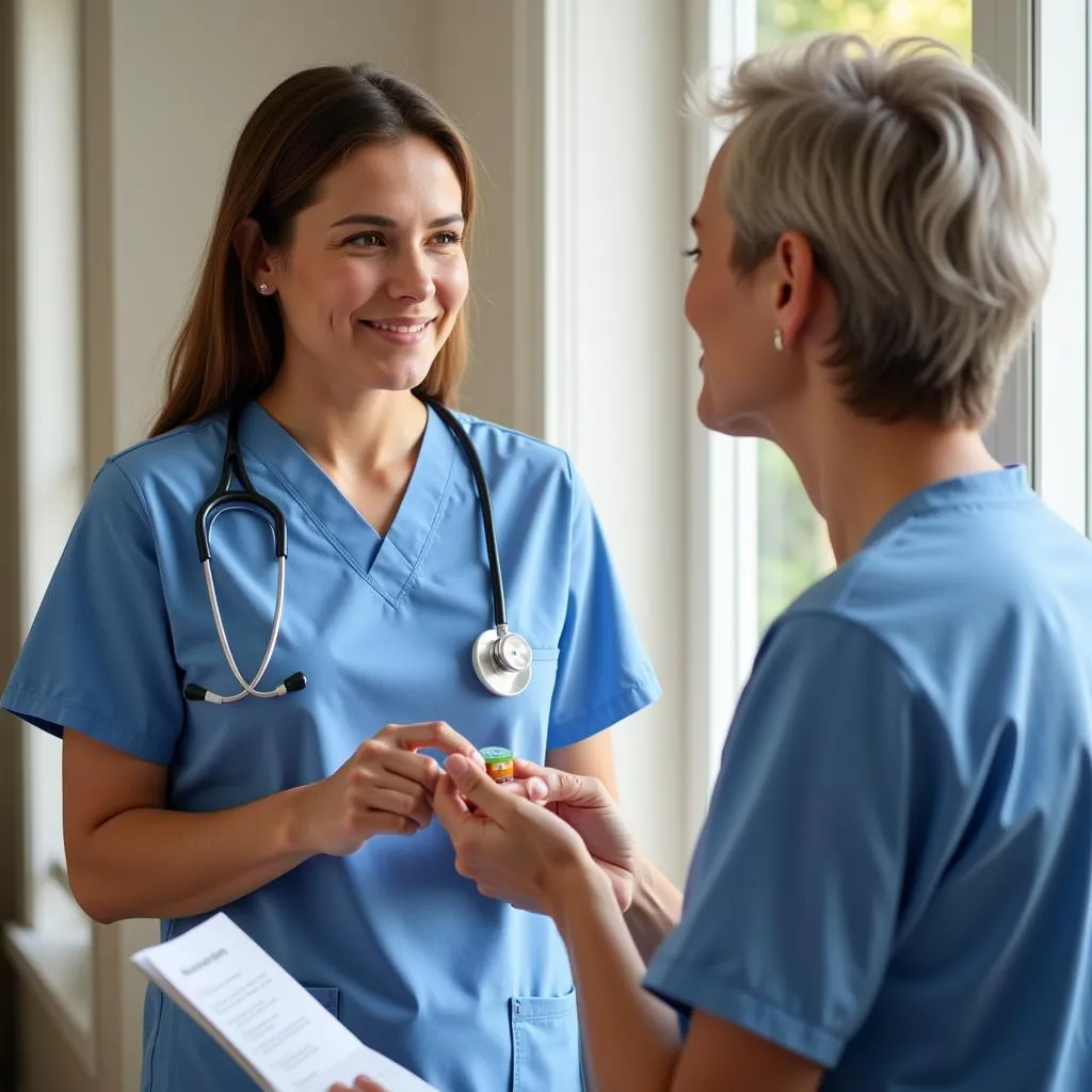 Home care nurse educating patient on medication